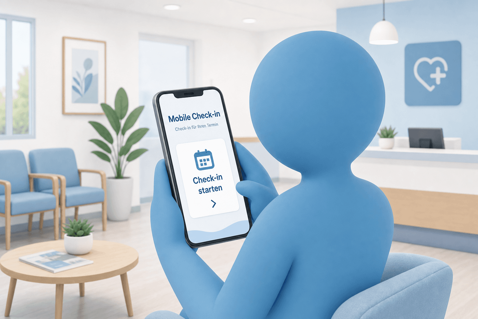 Mobile Check-in im Wartezimmer — Patient hält Smartphone