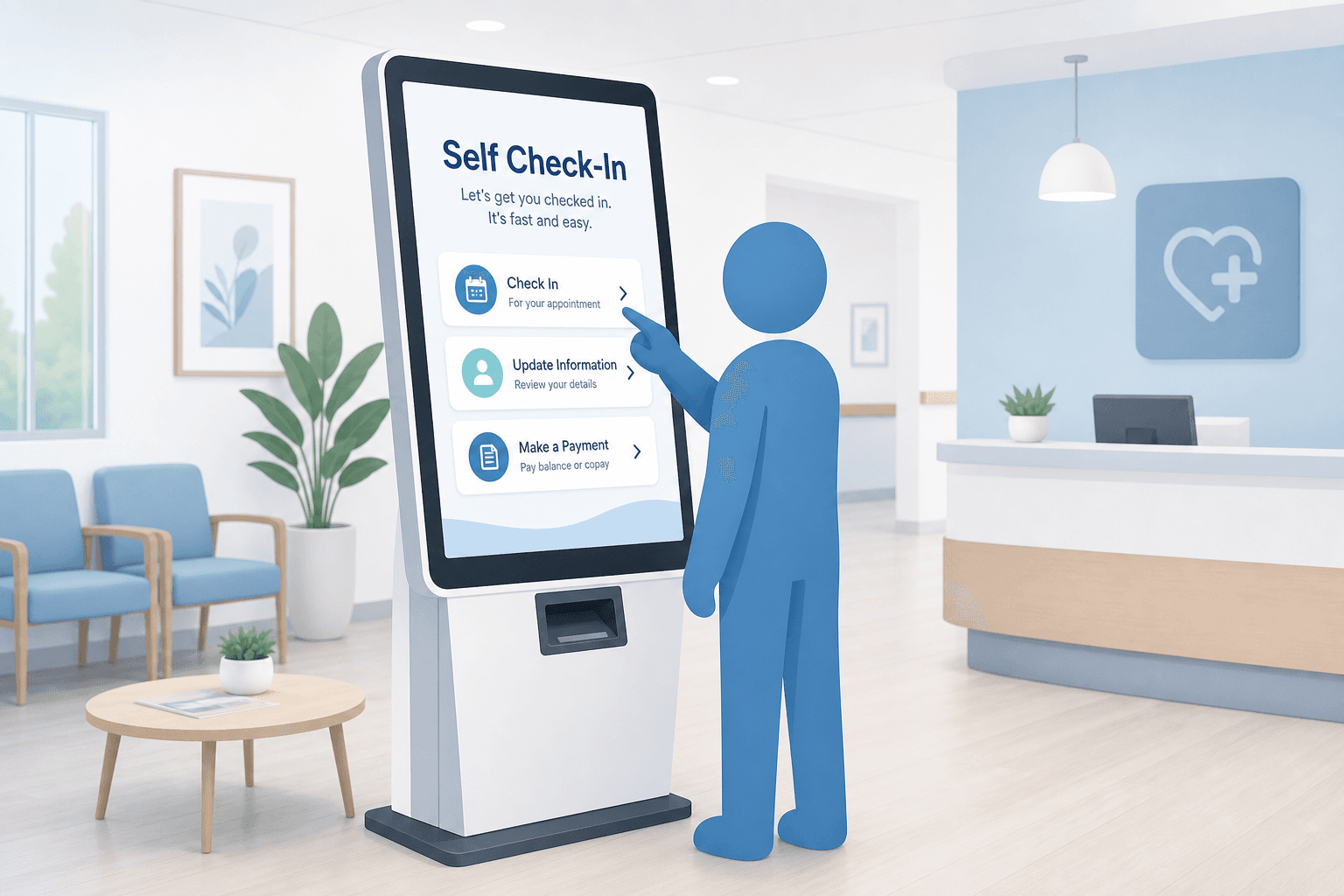 Self-Check-In-Terminal am Empfang — Patient am Touchscreen